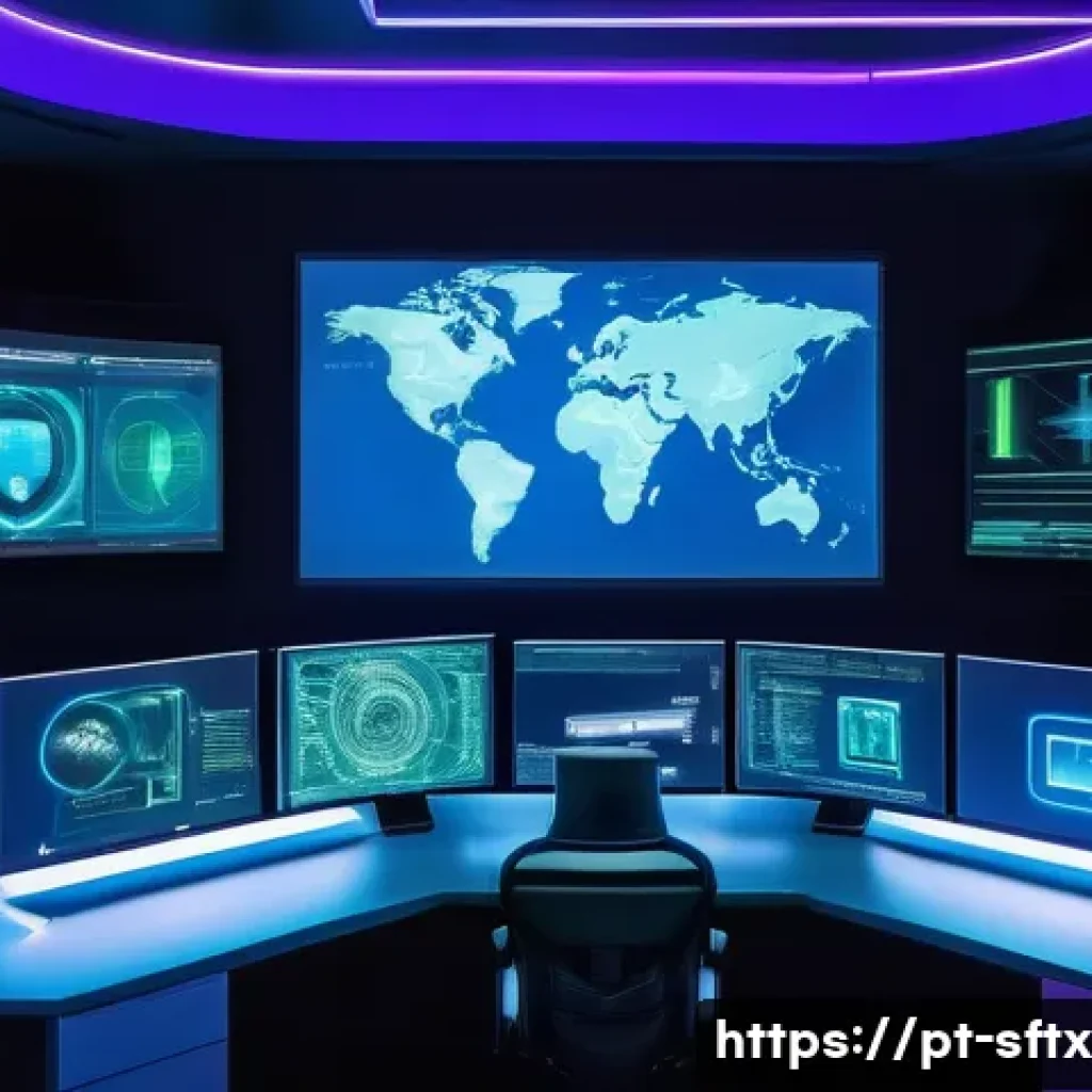 보안 오케스트레이션 자동화의 정의와 필요성 - **Prompt:** A futuristic, multi-layered digital control center. In the foreground, glowing, abstract...