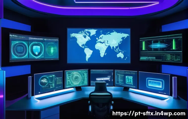 보안 오케스트레이션 자동화의 정의와 필요성 - **Prompt:** A futuristic, multi-layered digital control center. In the foreground, glowing, abstract...
