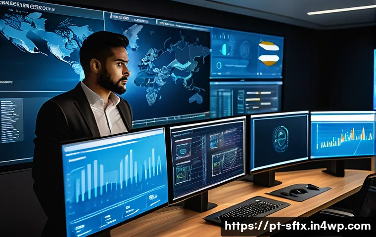 보안 오케스트레이션과 프로세스 개선 전략 - A modern cybersecurity operations center with diverse professionals collaborating around multiple la...