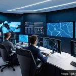Home 21 보안 오케스트레이션 자동화의 개발자 관점 - A modern cybersecurity operations center with diverse professionals collaborating around multiple la...