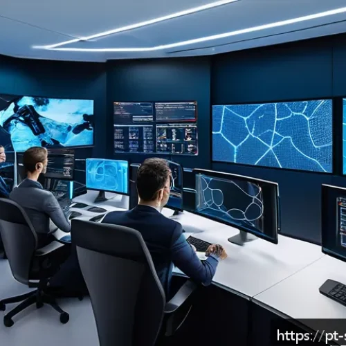 Home 33 보안 오케스트레이션 자동화의 개발자 관점 - A modern cybersecurity operations center with diverse professionals collaborating around multiple la...