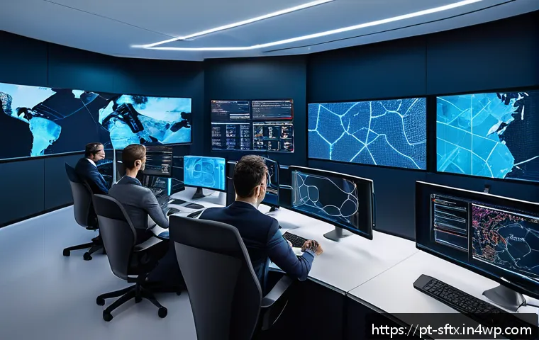 보안 오케스트레이션 자동화의 개발자 관점 - A modern cybersecurity operations center with diverse professionals collaborating around multiple la...