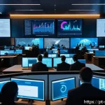 Home 20 보안 오케스트레이션 자동화의 성과 측정 지표 - A modern cybersecurity operations center bustling with activity, showing a diverse team of security ...