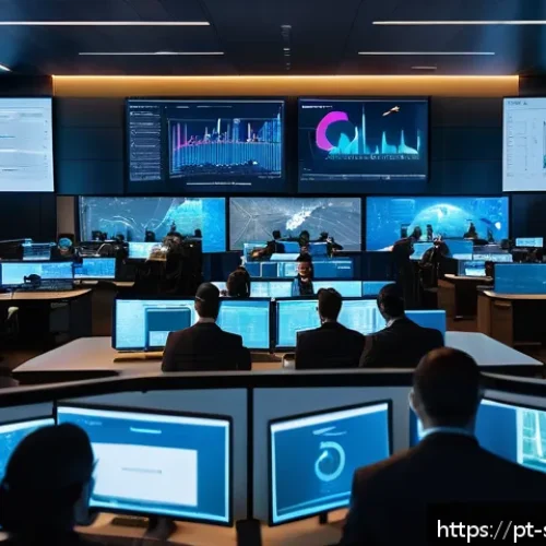 Home 32 보안 오케스트레이션 자동화의 성과 측정 지표 - A modern cybersecurity operations center bustling with activity, showing a diverse team of security ...