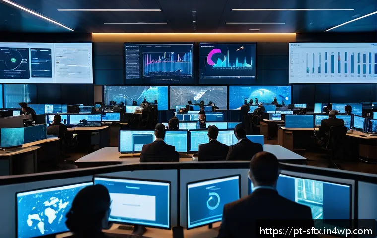 보안 오케스트레이션 자동화의 성과 측정 지표 - A modern cybersecurity operations center bustling with activity, showing a diverse team of security ...