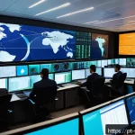 Home 19 보안 오케스트레이션 자동화의 트렌드 분석 - A high-tech cybersecurity operations center with a diverse team of Brazilian professionals collabora...