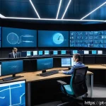 Home 18 보안 오케스트레이션을 위한 필수 도구 목록 - A high-tech security operations center with a diverse team of cybersecurity professionals monitoring...