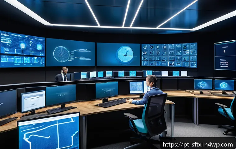 보안 오케스트레이션을 위한 필수 도구 목록 - A high-tech security operations center with a diverse team of cybersecurity professionals monitoring...